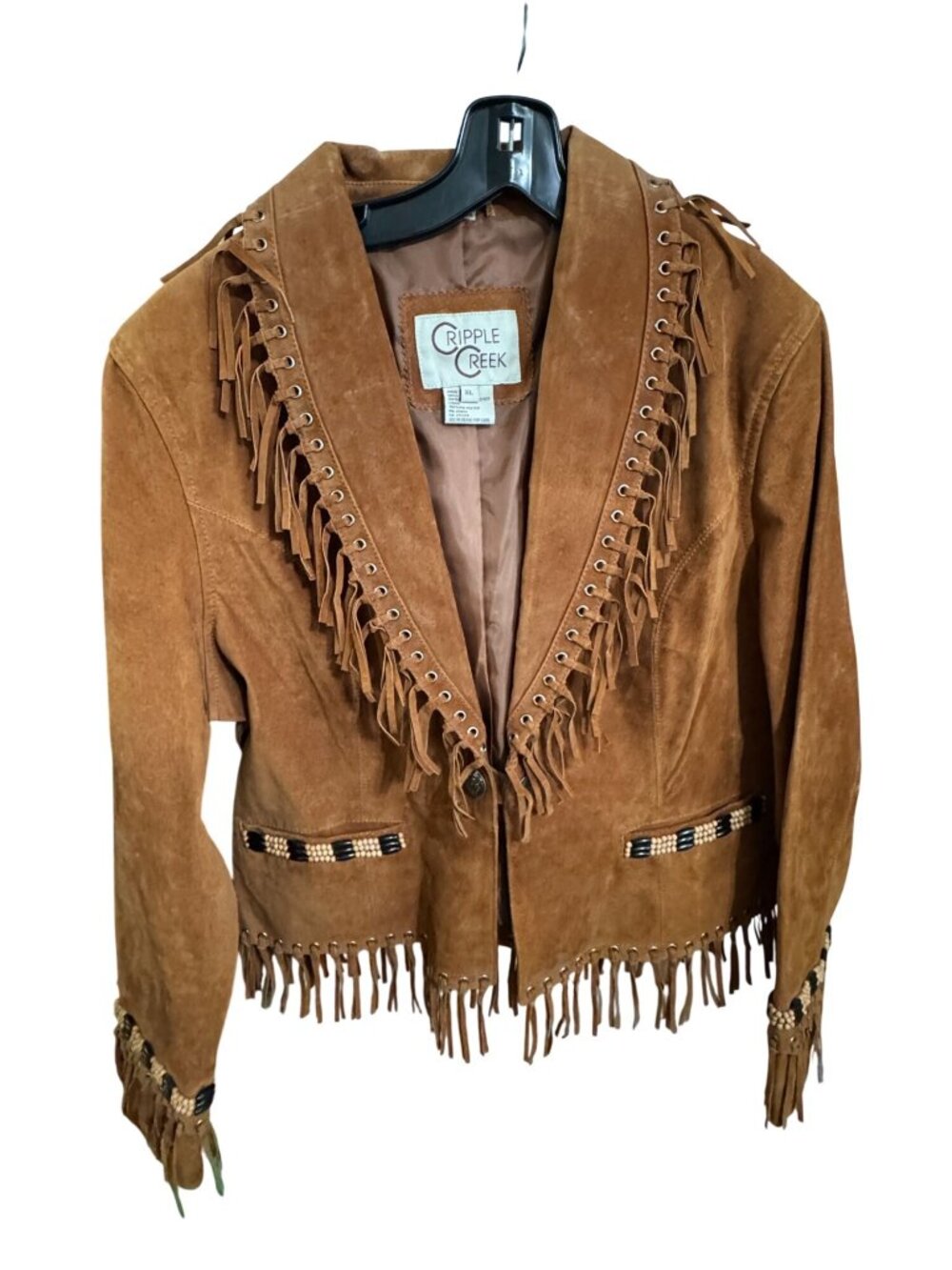 Cripple Creek Womens Western Suede Fringe Jacket Beaded Trim Brown XL 23" Vintag - Picture 4 of 14